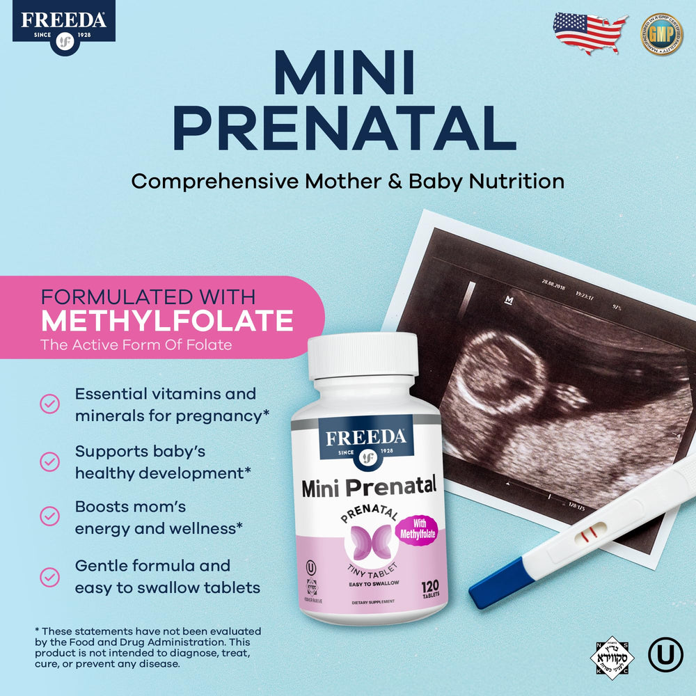 FREEDA Mini Prenatal tablets closeup shows tiny, easy-swallow design for daily support.