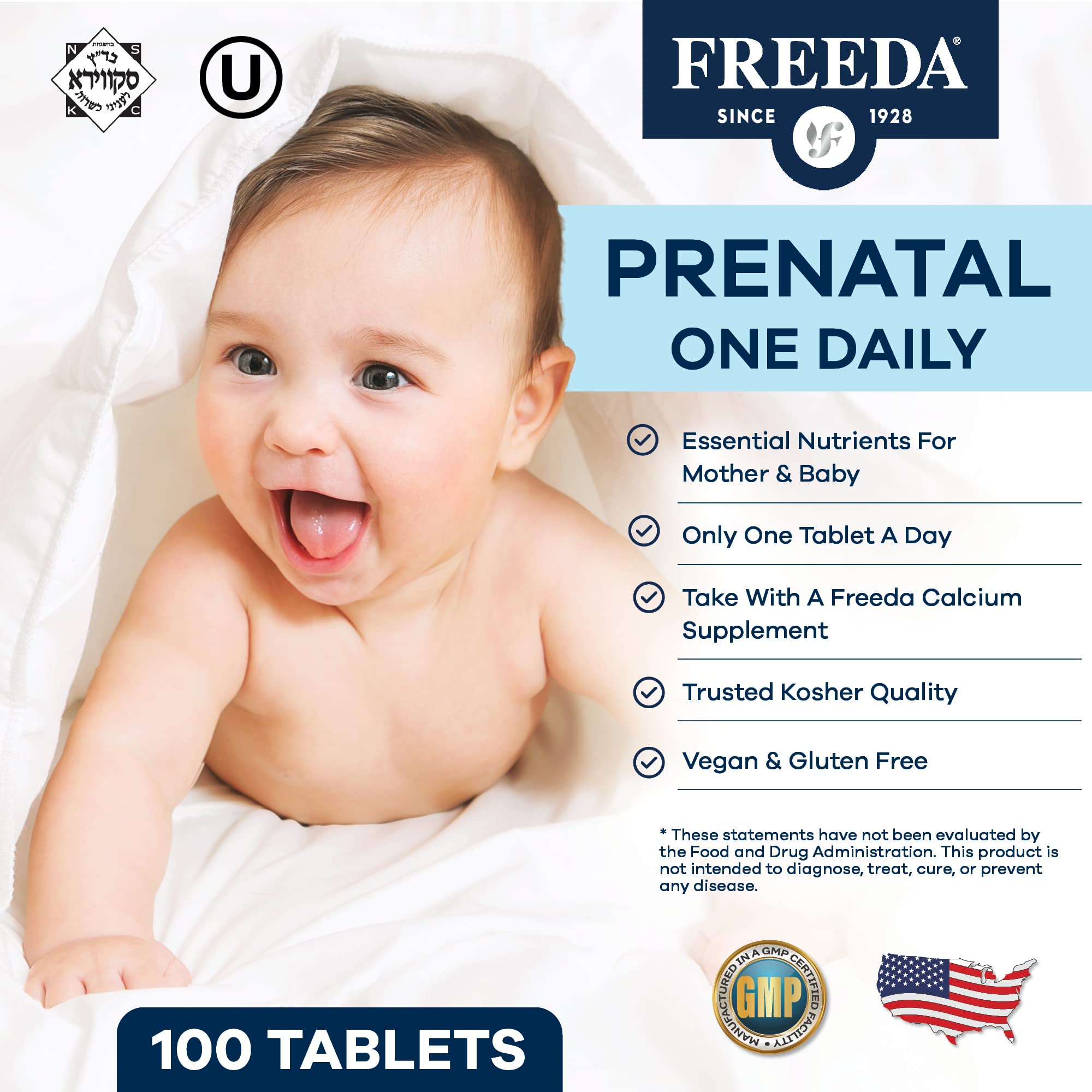Freeda Prenatal tablet close-up highlighting easy one-per-day dose for busy moms
