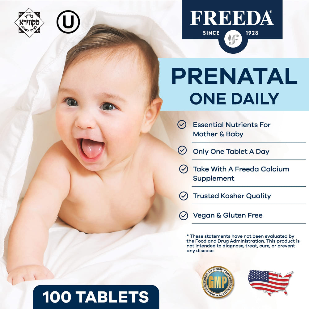 Freeda Prenatal tablet close-up highlighting easy one-per-day dose for busy moms