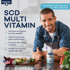 Freeda SCD Multivitamin bottle label with comprehensive nutrient coverage