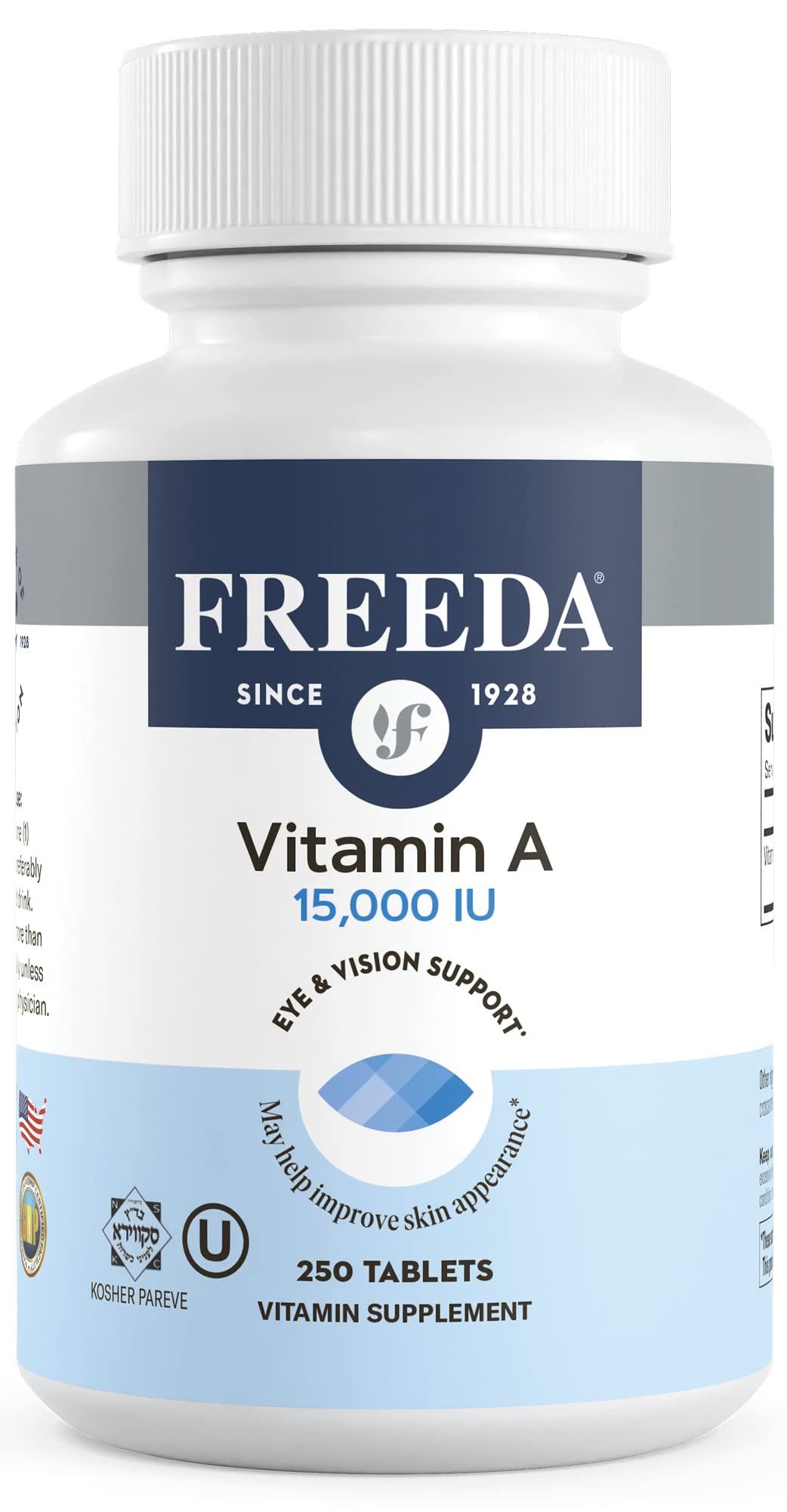 Freeda Vitamin A 250-tablet bottle for long-term daily use.