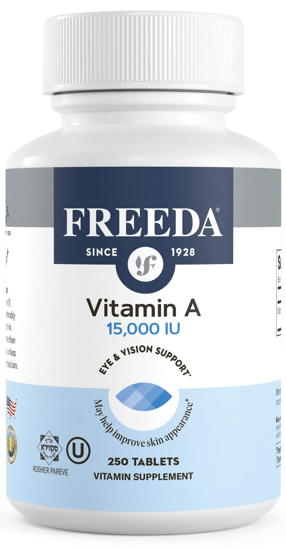 Freeda Vitamin A 250-tablet bottle for long-term daily use.