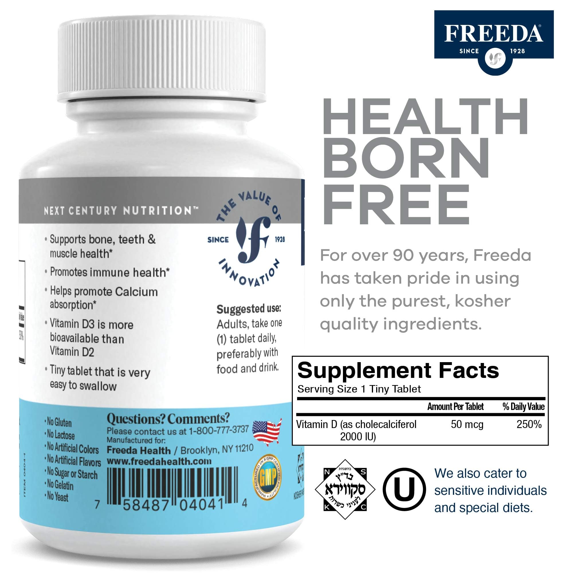 FREEDA Vitamin D3 bottle label close-up highlighting high-potency formula.