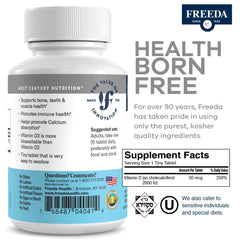 FREEDA Vitamin D3 bottle label close-up highlighting high-potency formula.