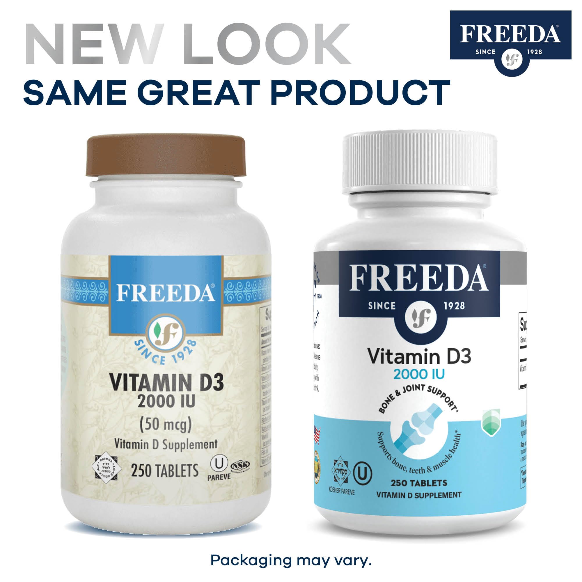 FREEDA Vitamin D3 packaging display for confident shelf purchase.