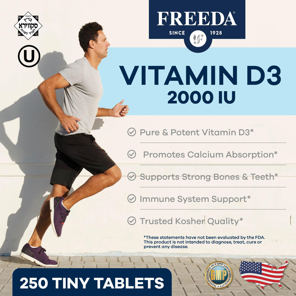 Close-up of tiny FREEDA D3 tablets designed for easy swallowing.