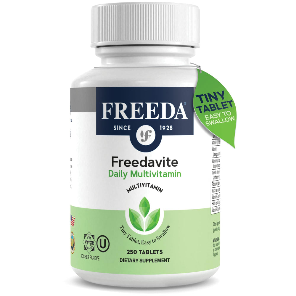 Freedavite Tiny Tablet bottle front view highlighting daily multivitamin benefits.