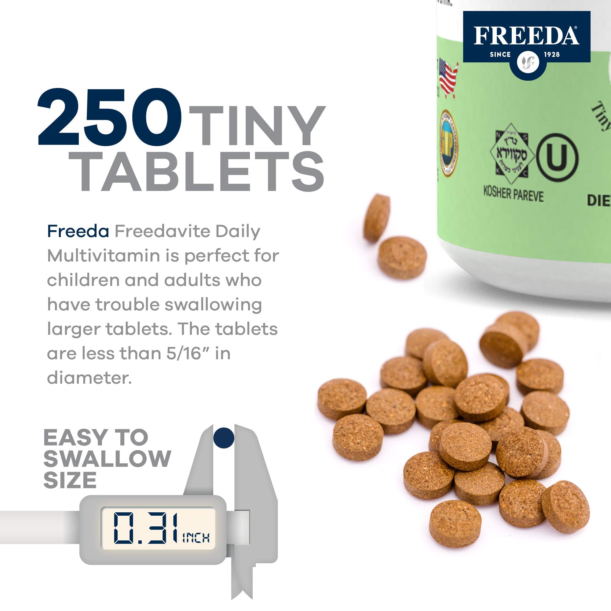 Freedavite Tiny Tablet bottle on desk with glass of water.