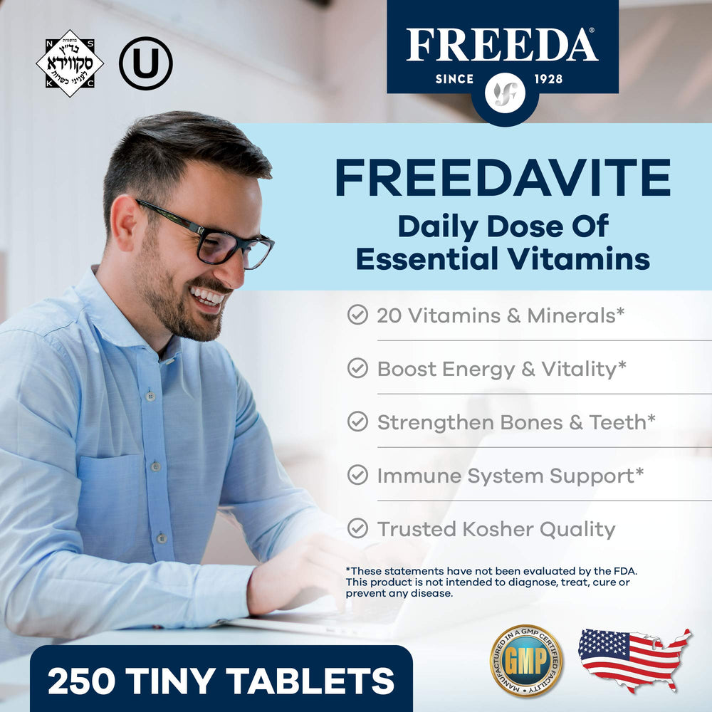 Freedavite Tiny Tablet label close-up shows essential vitamins on packaging.