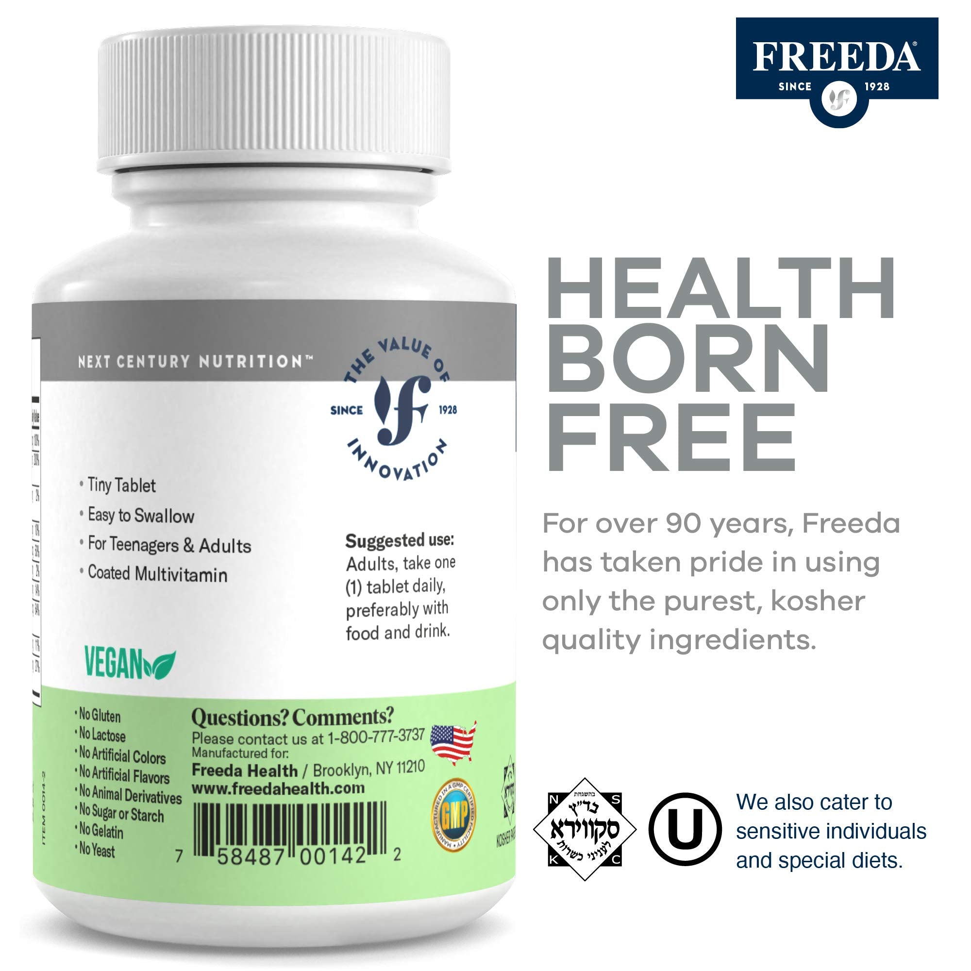 Freedavite Tiny Tablet pills close-up reveals compact, easy-to-take form.