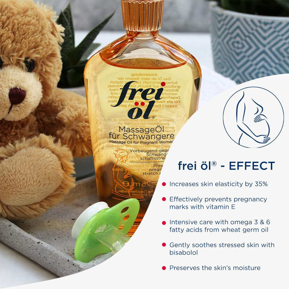 frei öl on belly during massage promotes skin elasticity and comfort.