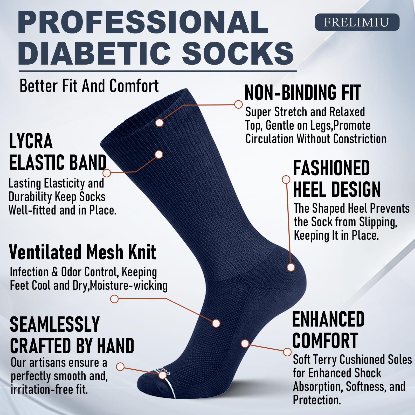 Frelimiu hand-linked seamless toe reduces toe irritation during daily use.