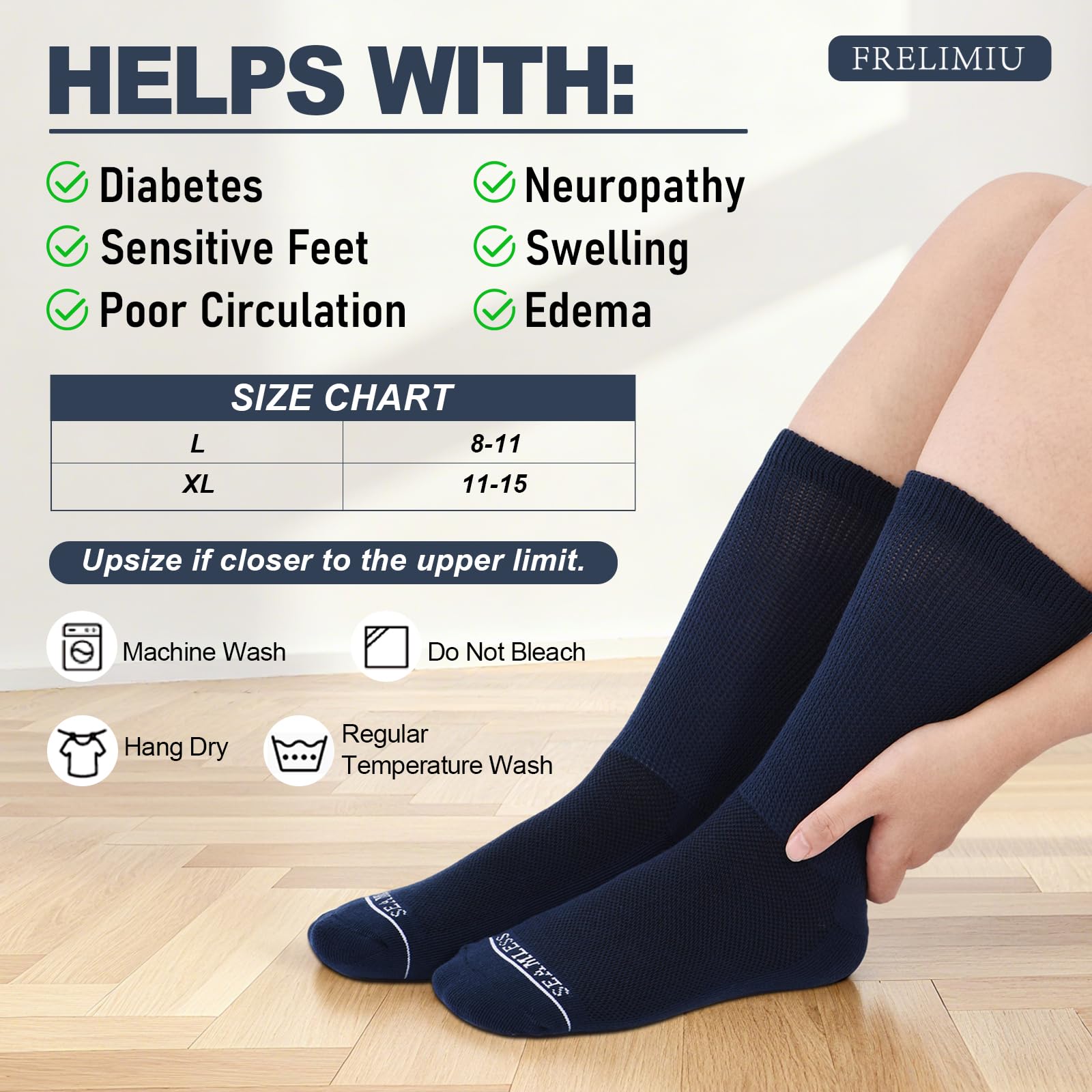 Frelimiu machine-washable sock with durable Lycra blend for easy care.