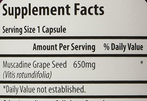 Fresh Health Nutritions Muscadine Grape Seed bottle label highlighting serving size.