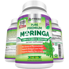 Fresh Healthcare Moringa capsules bottle; promotes daily energy support.