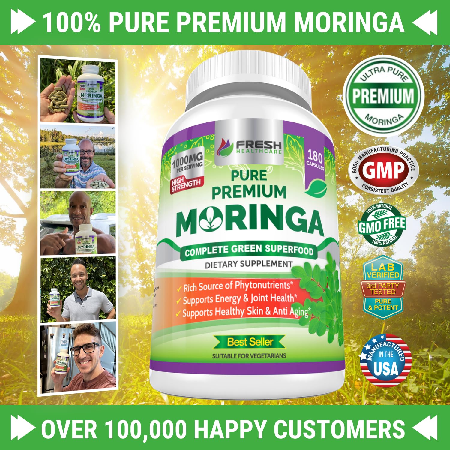 Fresh Healthcare Moringa capsules in hand for on-the-go use.