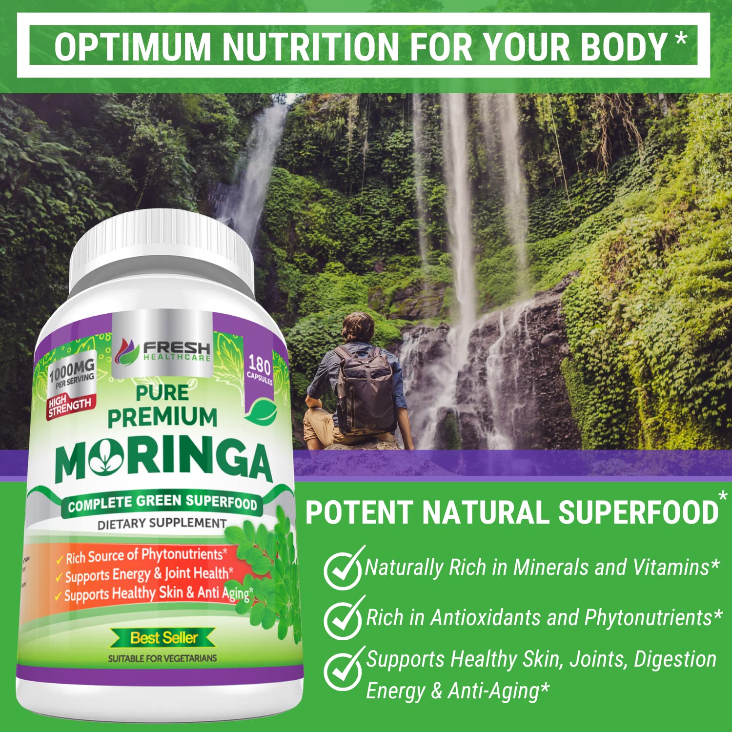 Fresh Healthcare Moringa capsules close-up for easy daily use.