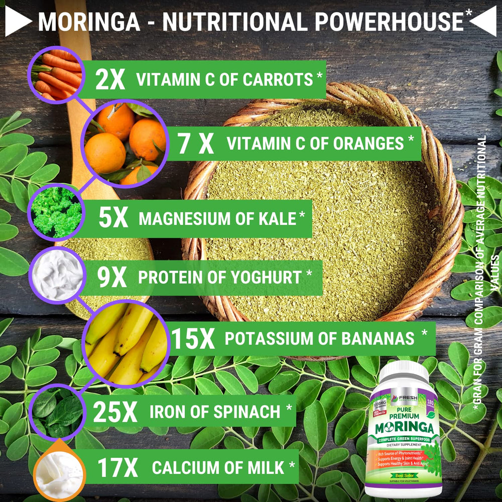 Fresh Healthcare Moringa gluten-free label highlights clean nutrition.