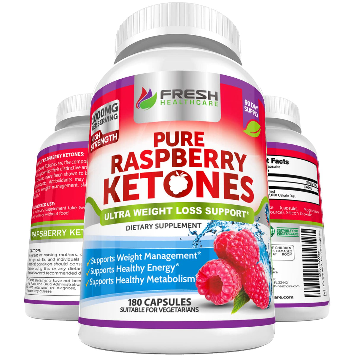 Fresh Healthcare Raspberry Ketones bottle and label highlight purity for daily metabolism support.