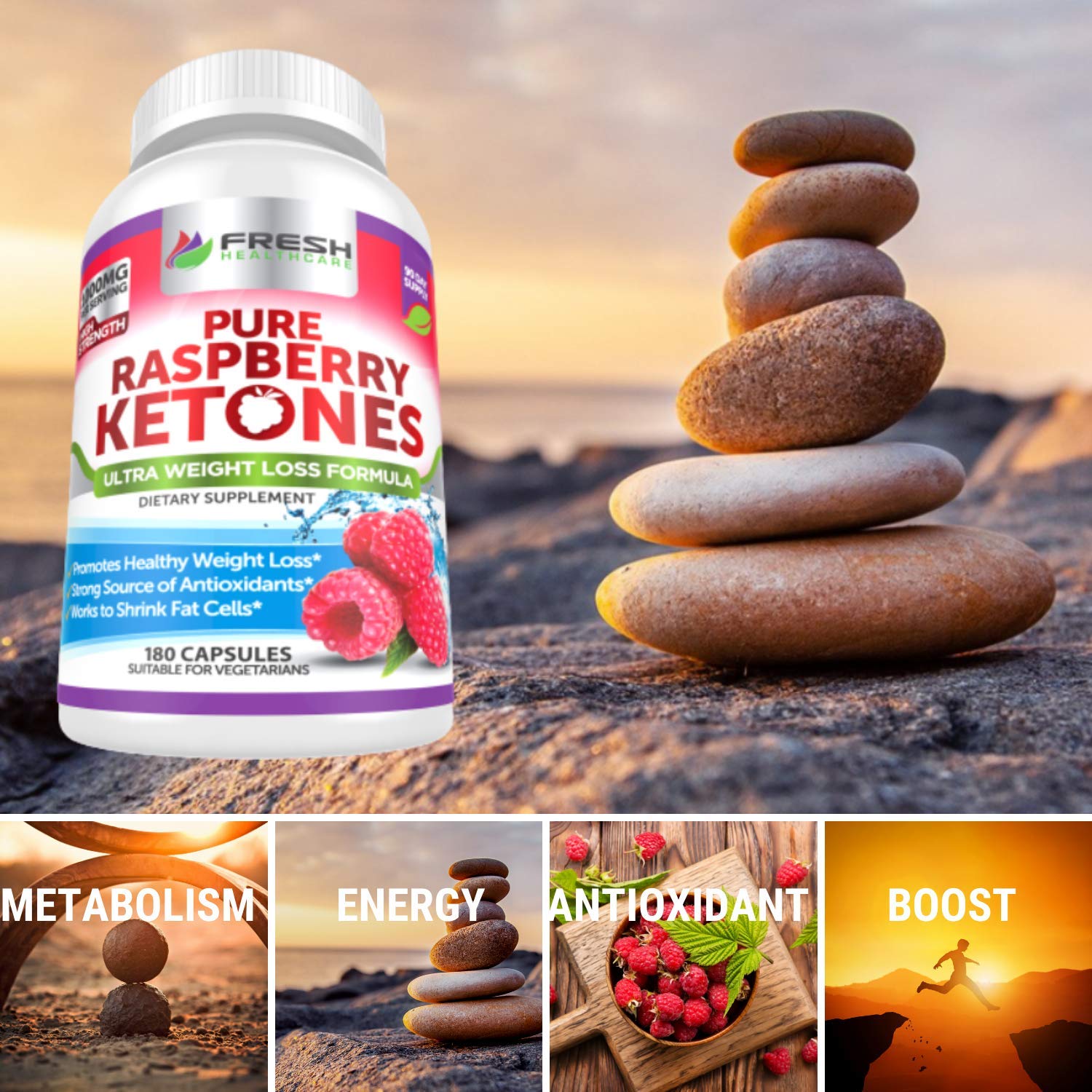 Fresh Healthcare Raspberry Ketones bottle pouring action showing daily use.
