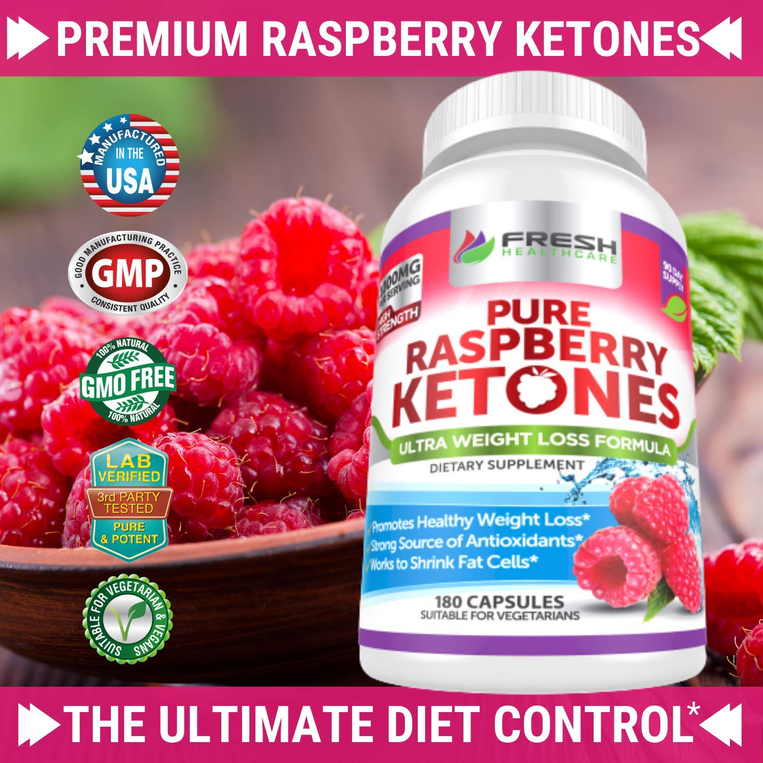 Fresh Healthcare Raspberry Ketones capsules packaging for convenient daily use.