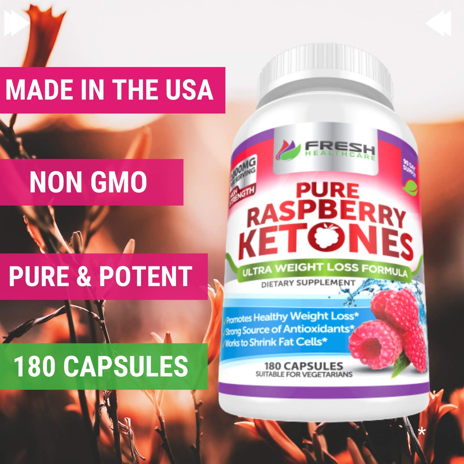 Fresh Healthcare Raspberry Ketones capsule bottle in GMP facility background.
