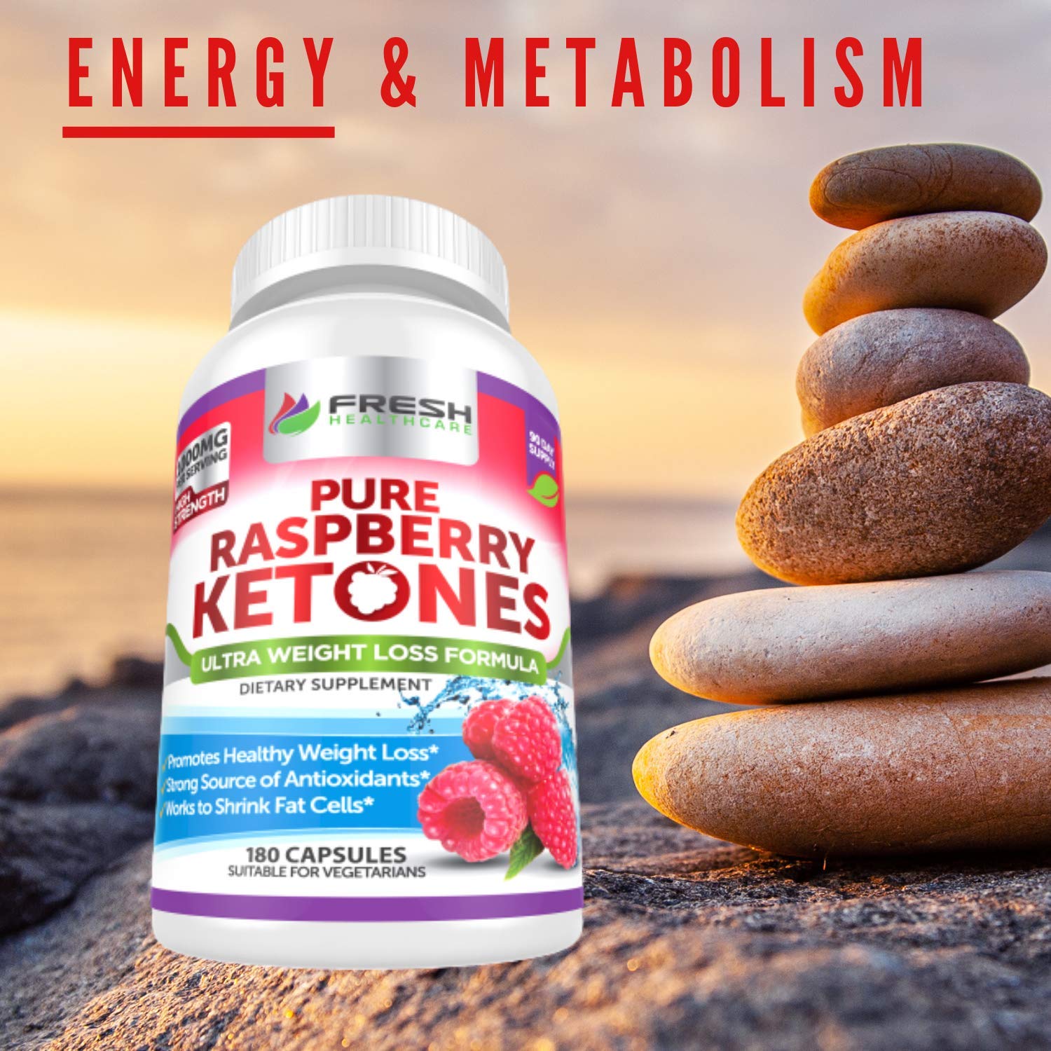 Fresh Healthcare Raspberry Ketones bottle with gym gear for energy-minded routines.