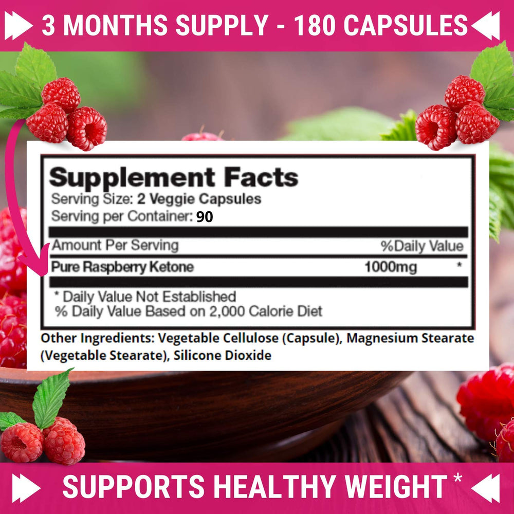 Fresh Healthcare raspberry ketones ingredients closeup emphasizing pure non-GMO formulation.