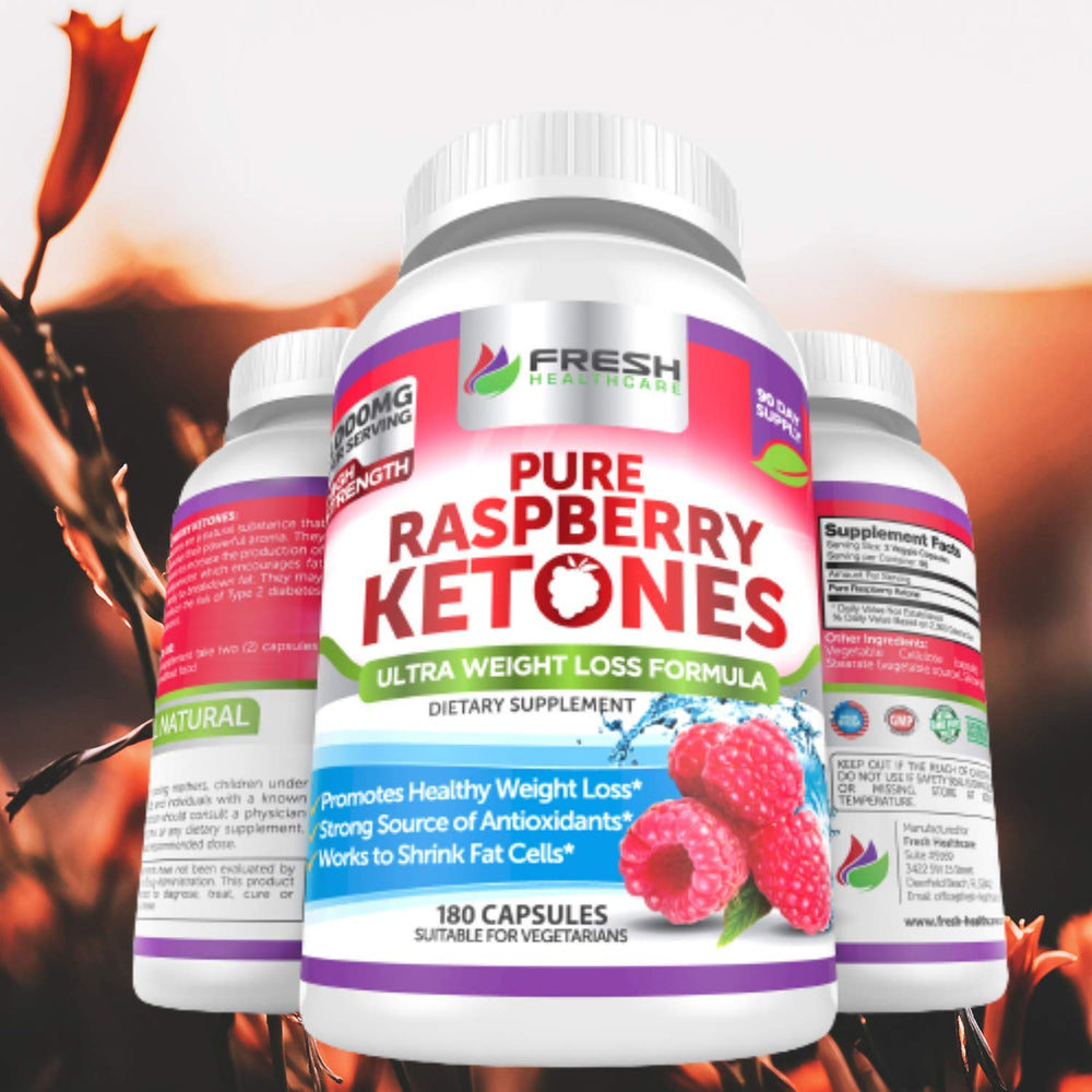 Fresh Healthcare Raspberry Ketones with water glass suggesting daily wellness alignment.