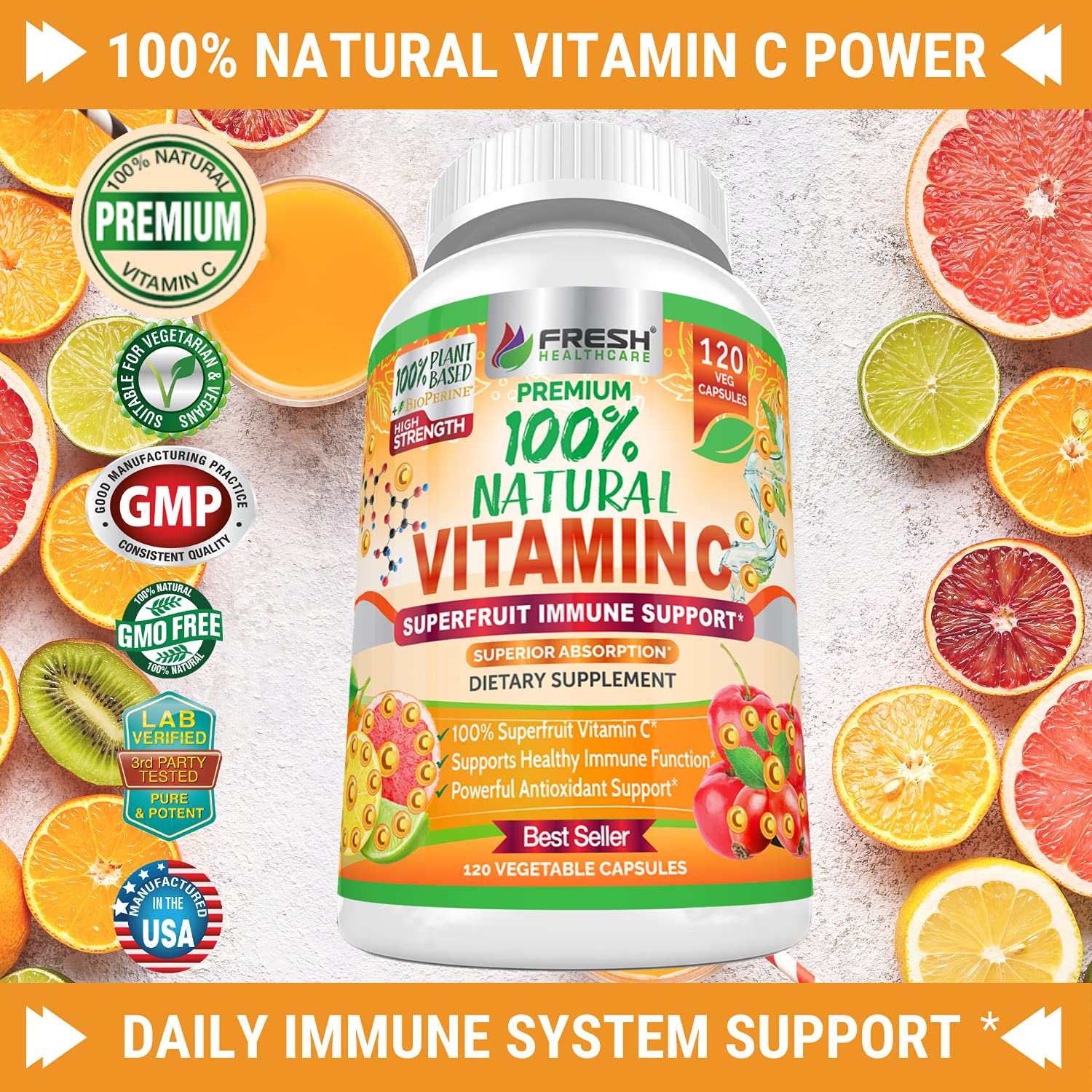 Fresh Healthcare vitamin C capsules close-up highlighting easy-to-swallow form