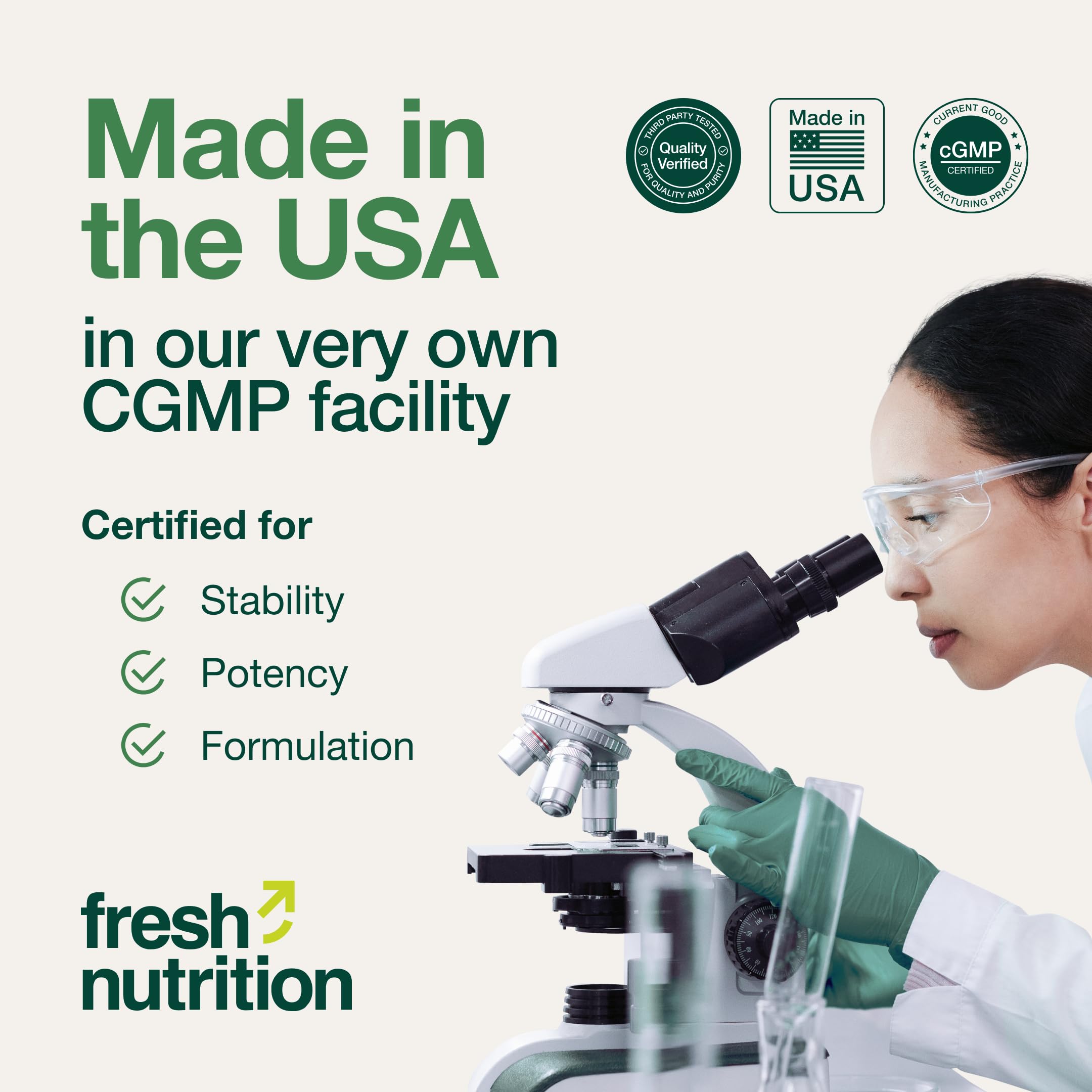 Quality testing seal communicates Fresh Nutrition's commitment to safety.