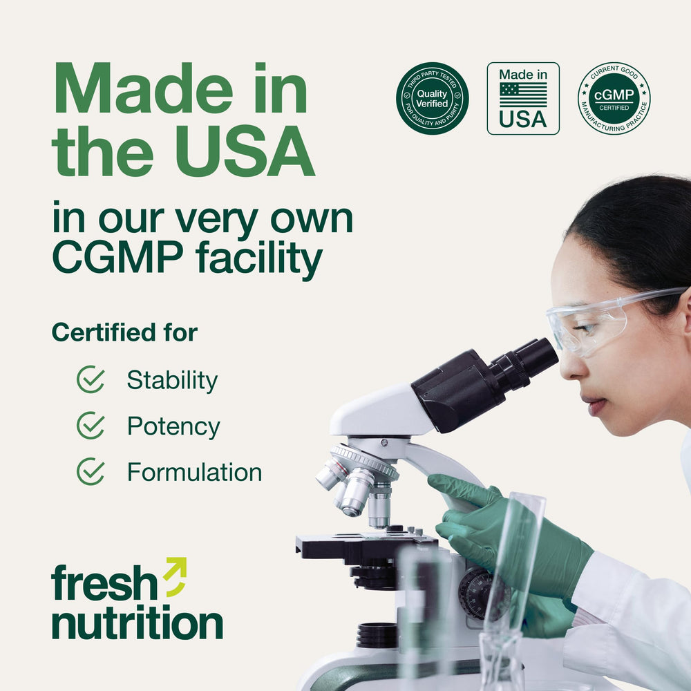 Quality testing seal communicates Fresh Nutrition's commitment to safety.