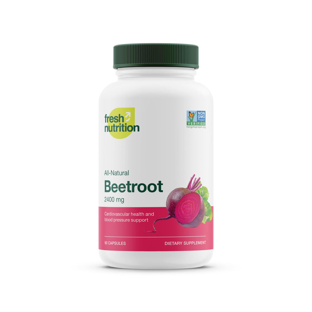 Fresh Nutrition Organic Beet Root Capsules bottle front showing vegan, non-GMO formula.