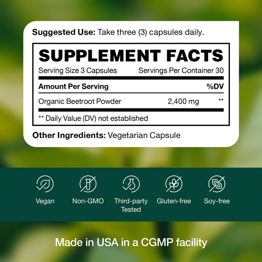 Vegan, gluten-free beet capsules in bottle support dietary compatibility.