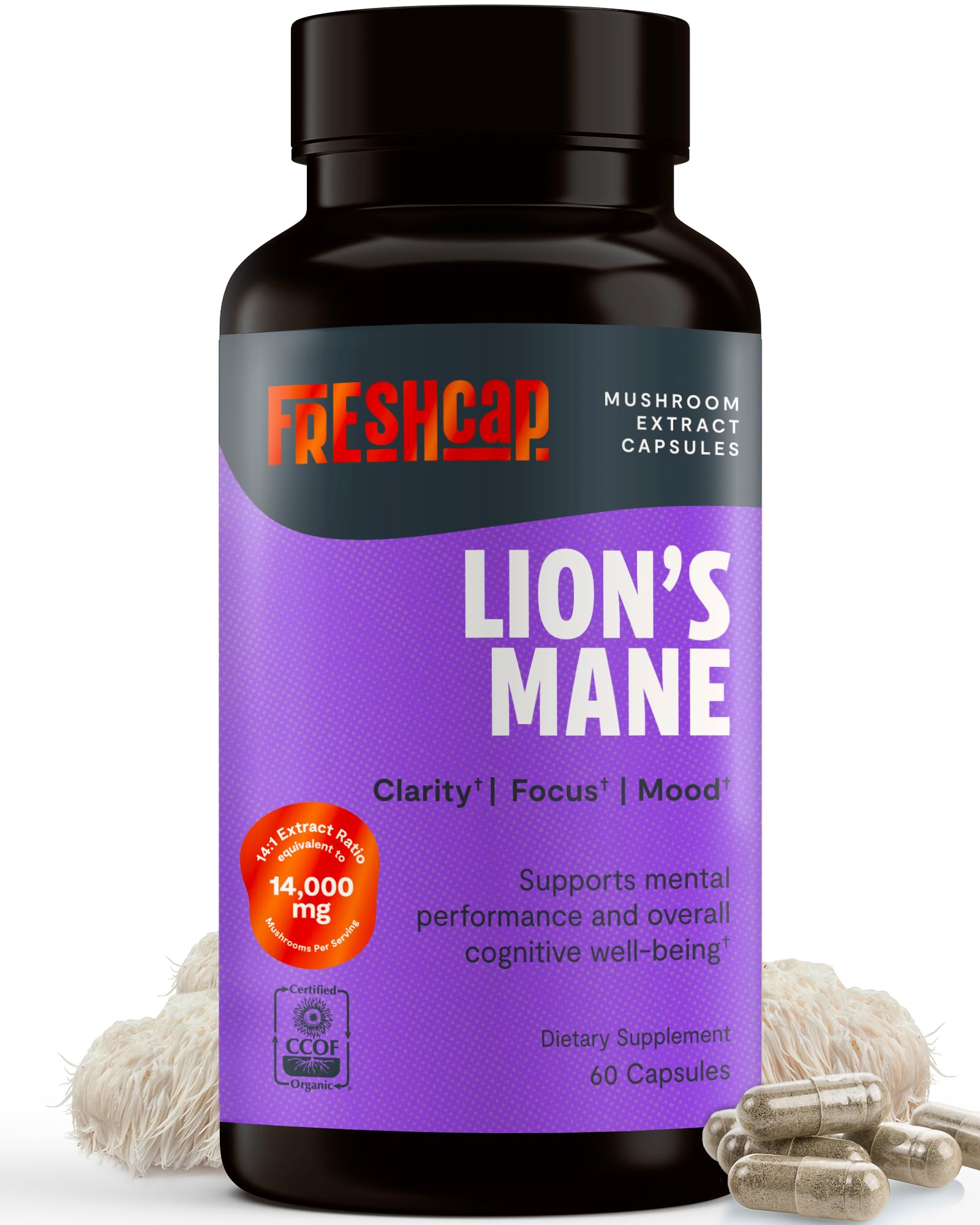 FreshCap Lions Mane 14,000mg capsules for daily focus and mental clarity.