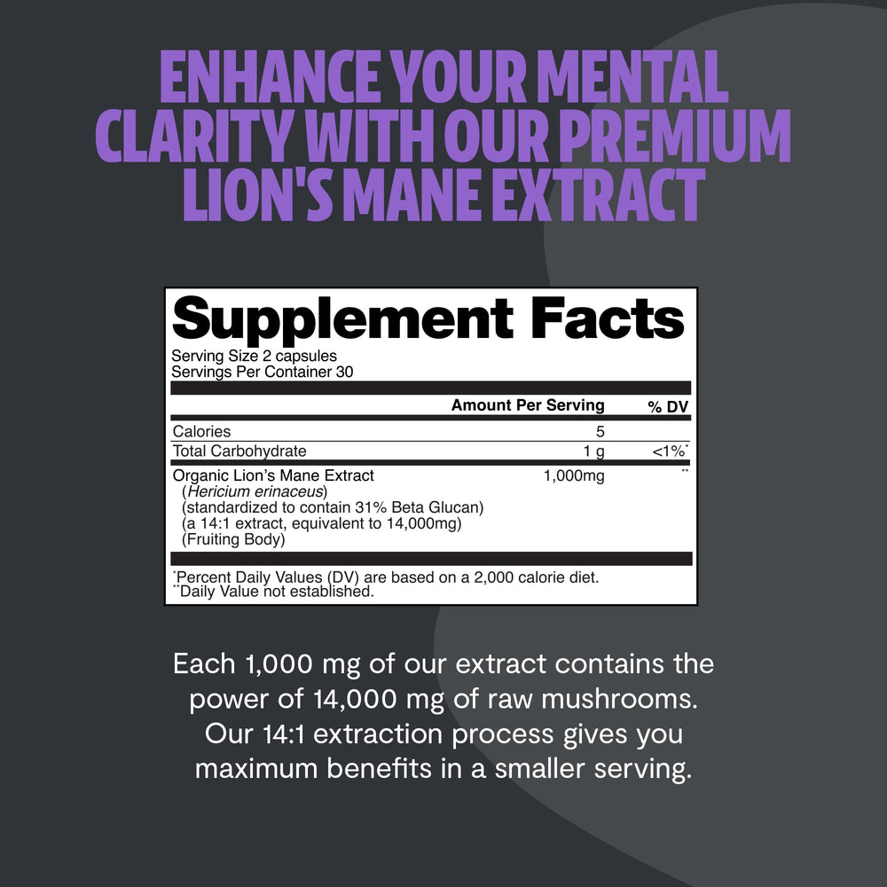 FreshCap Lions Mane fruiting body capsules show pure mushroom content for potency.