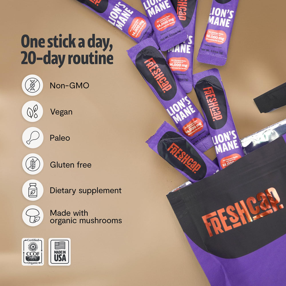 FreshCap Lions Mane Powder organic pouch with USDA Organic certification.