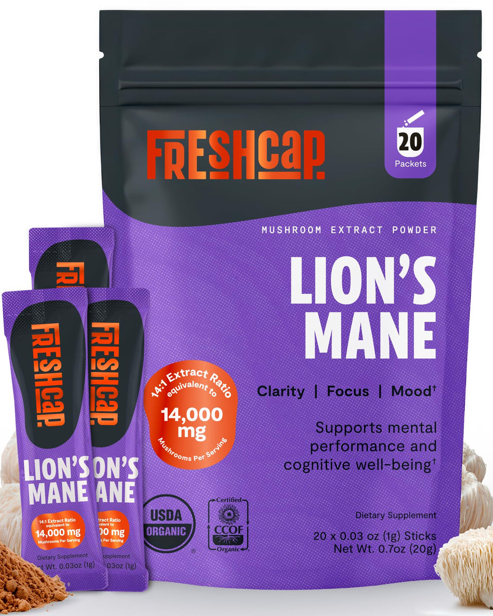 FreshCap Lions Mane Powder stick-pack showing 20 travel-friendly sticks for cognitive support.