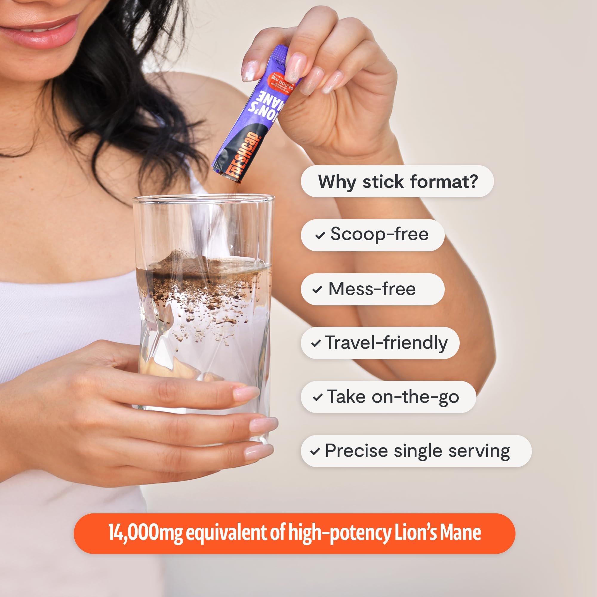 FreshCap Lions Mane Powder tear-open stick for convenient on-the-go dosing.