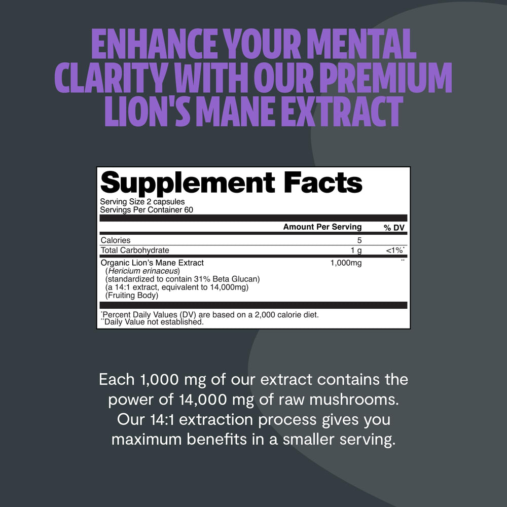 FreshCap Lions Mane supplement facts panel highlights 14:1 extract.