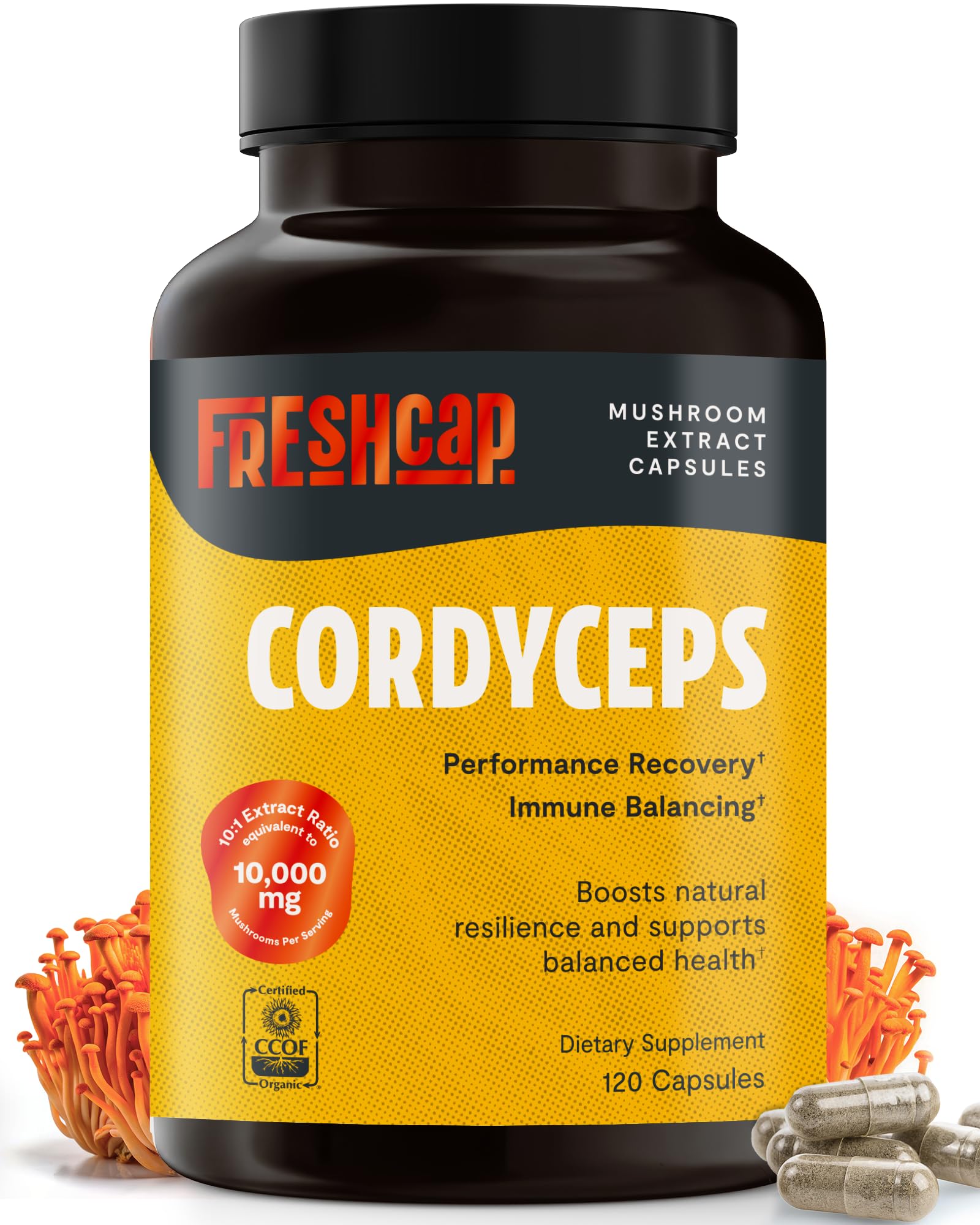 FreshCap Mushrooms Cordyceps capsules bottle close-up for daily energy support.