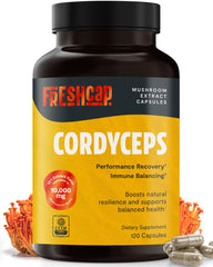 FreshCap Mushrooms Cordyceps capsules bottle close-up for daily energy support.