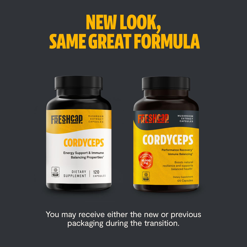 FreshCap Mushrooms Cordyceps capsules on kitchen counter suggesting daily vitality.