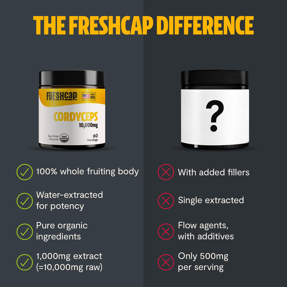 FreshCap Mushrooms Cordyceps powder dissolving in beverage showing simple daily integration.