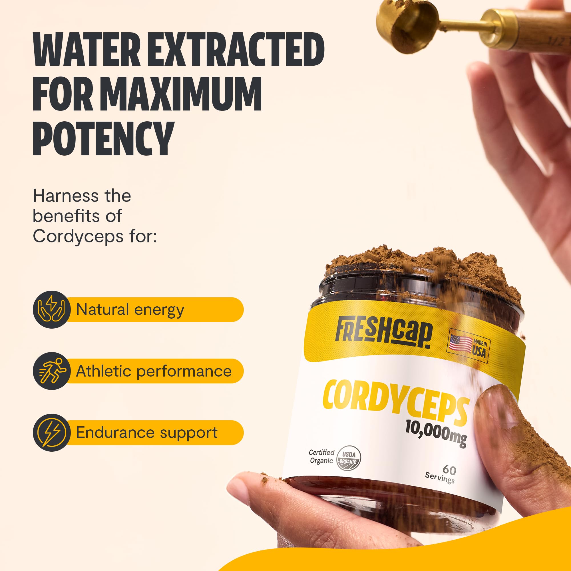 FreshCap Mushrooms Cordyceps powder label closeup signals organic third-party tested quality.