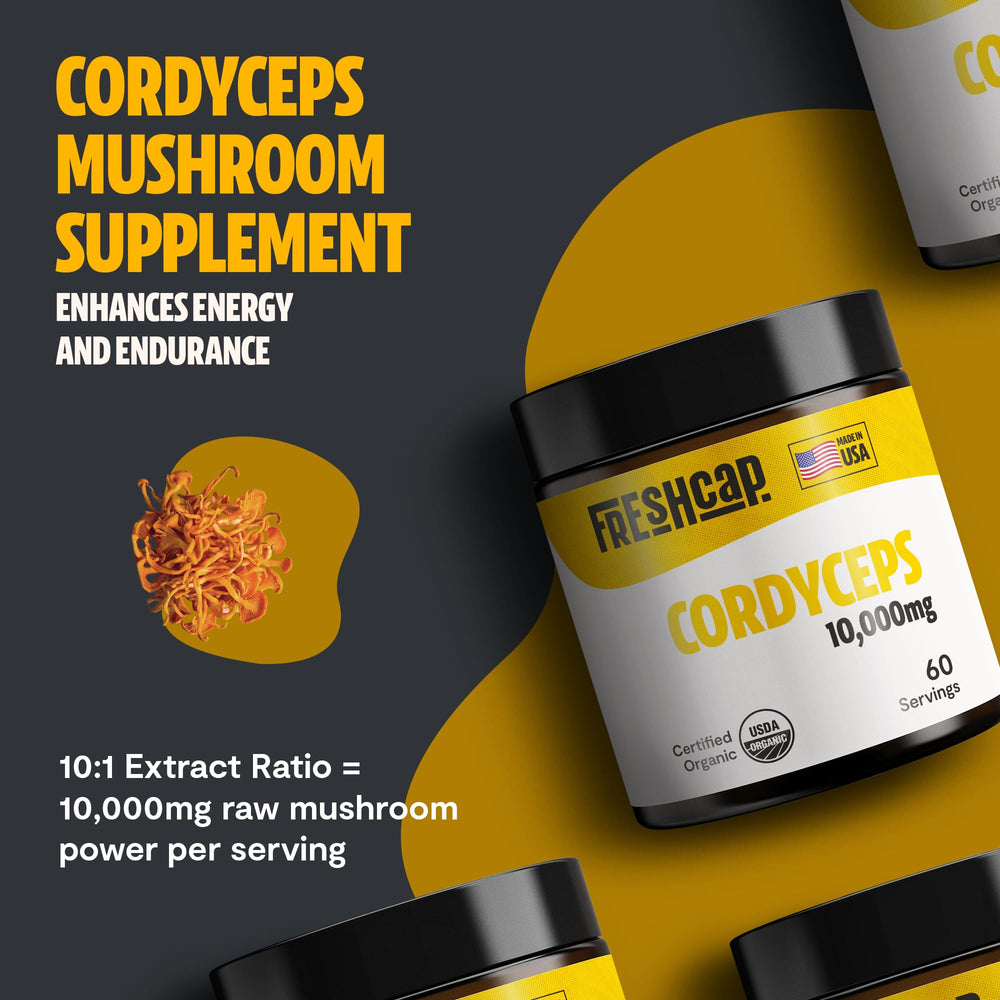 FreshCap Mushrooms Cordyceps powder pour highlighting endurance and focus.