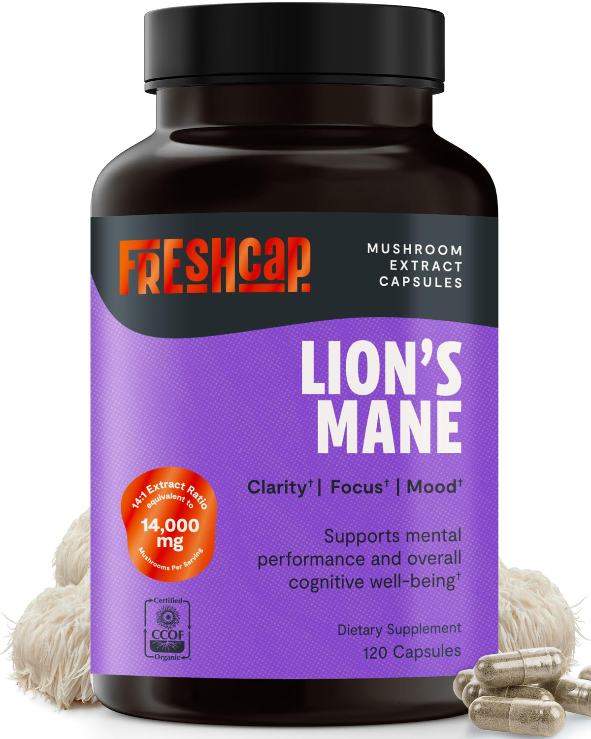 FreshCap Lions Mane capsules in bottle for daily focus support.