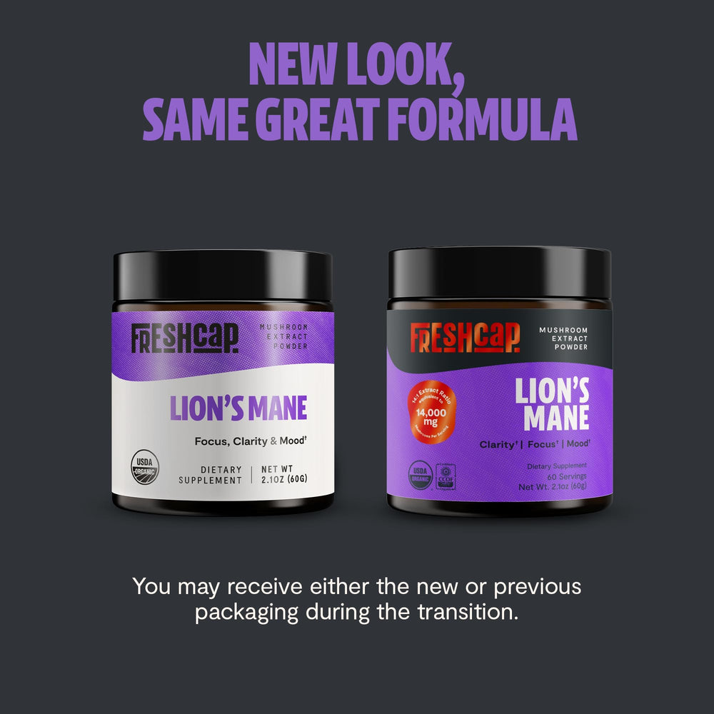 FreshCap Mushrooms Lions Mane Powder with scoop highlights simple serving.