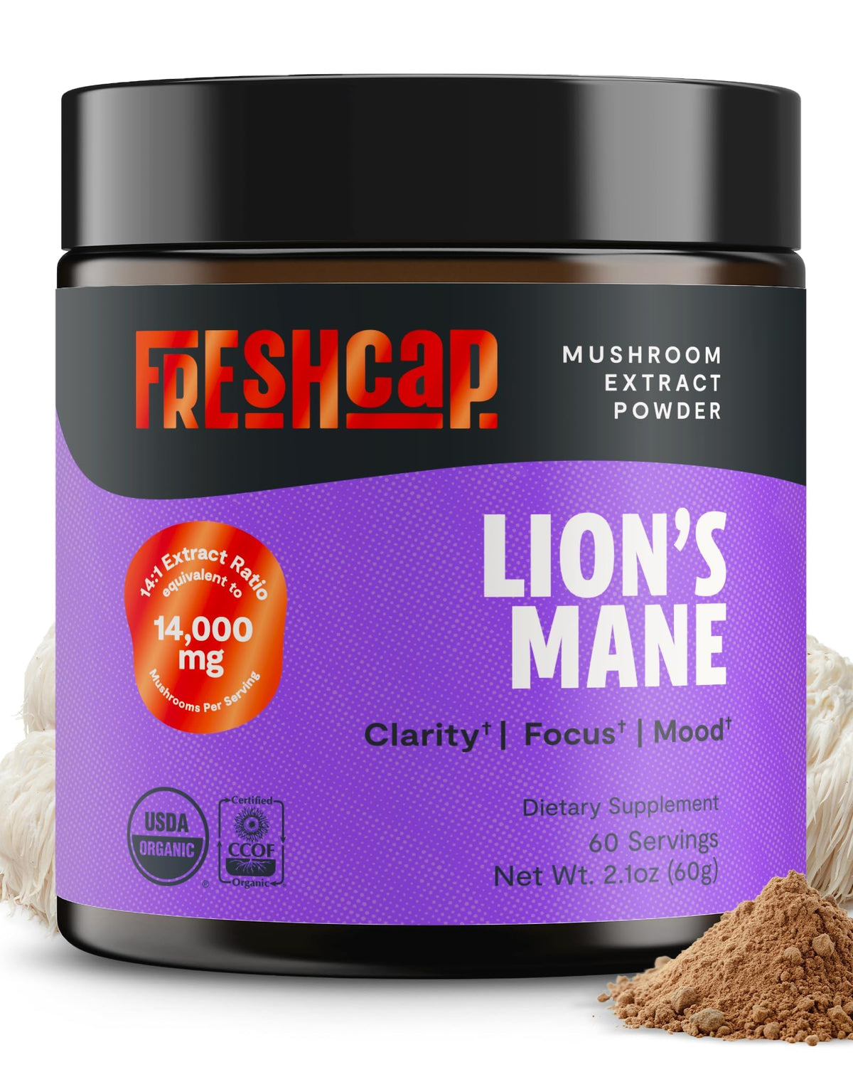 FreshCap Mushrooms Lions Mane Powder tub shown for daily focus.