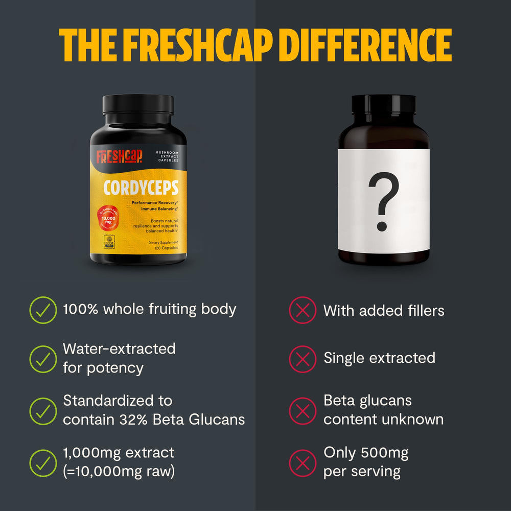 FreshCap Mushrooms open bottle in a natural setting highlighting organic certification.